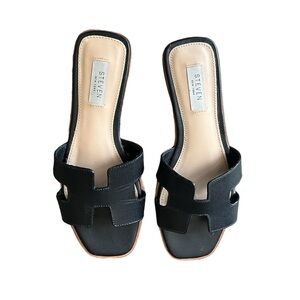 Steven Hadyn Black Leather Slide Sandals 7.5